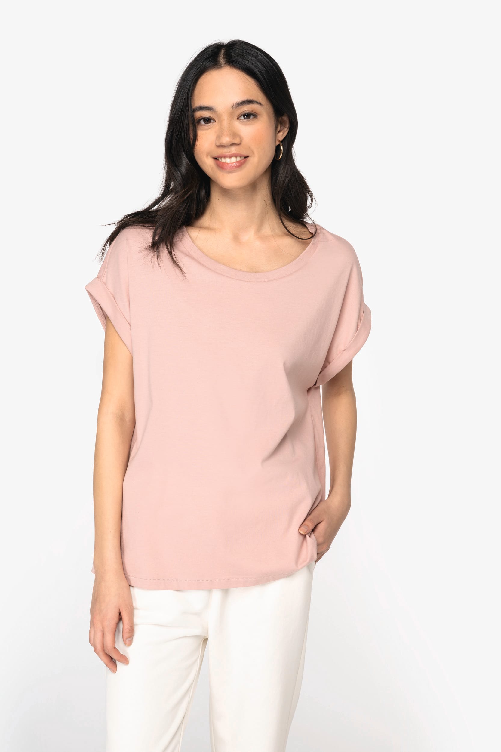Camiseta de algodón orgánico con mangas enrolladas para mujer – 155 g/m² – NS309
