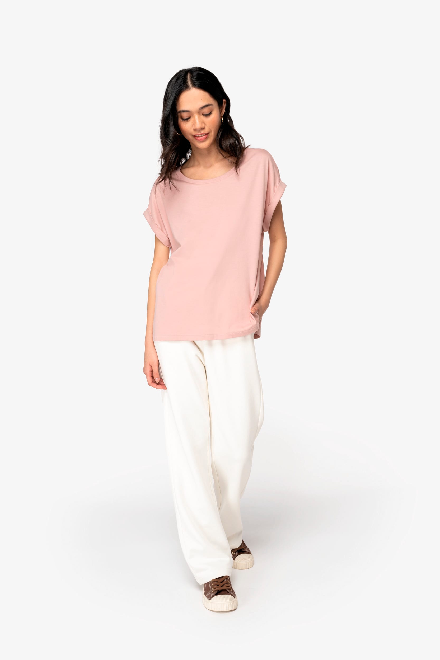 Camiseta de algodón orgánico con mangas enrolladas para mujer – 155 g/m² – NS309