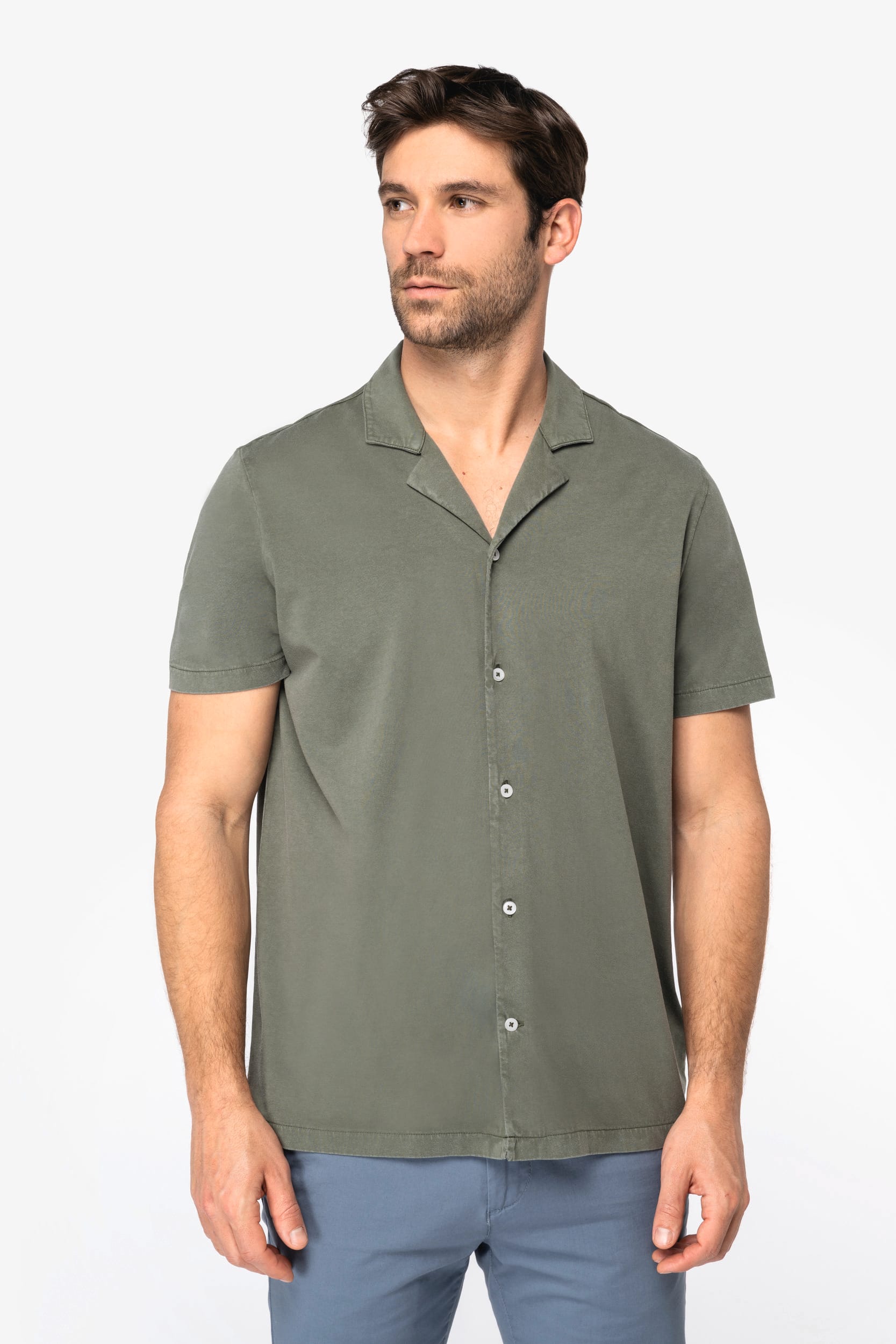 Spasso SP522 - Milieuvriendelijk Heren Jersey Gewassen Effect Bowlingkraag Korte Mouwen Shirt