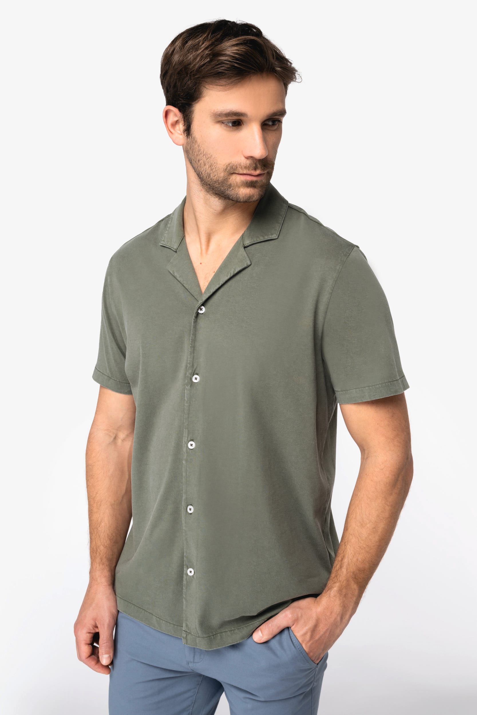 Spasso SP522 - Milieuvriendelijk Heren Jersey Gewassen Effect Bowlingkraag Korte Mouwen Shirt