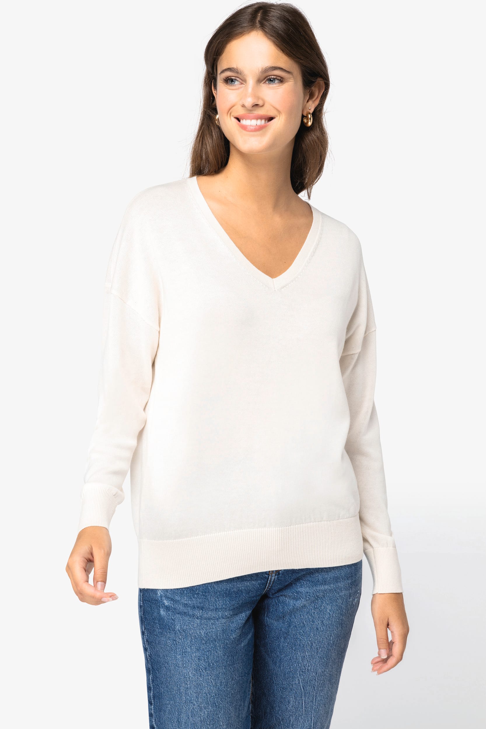 Women’s V-Neck Lyocell & Organic Cotton Sweater – 250 g/m² | SP921