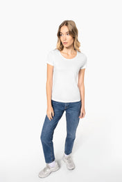 Damen T-Shirt mit kurzen Ärmeln aus Bio-Baumwolle und rohem Halsausschnitt - 110 g/m² - K399