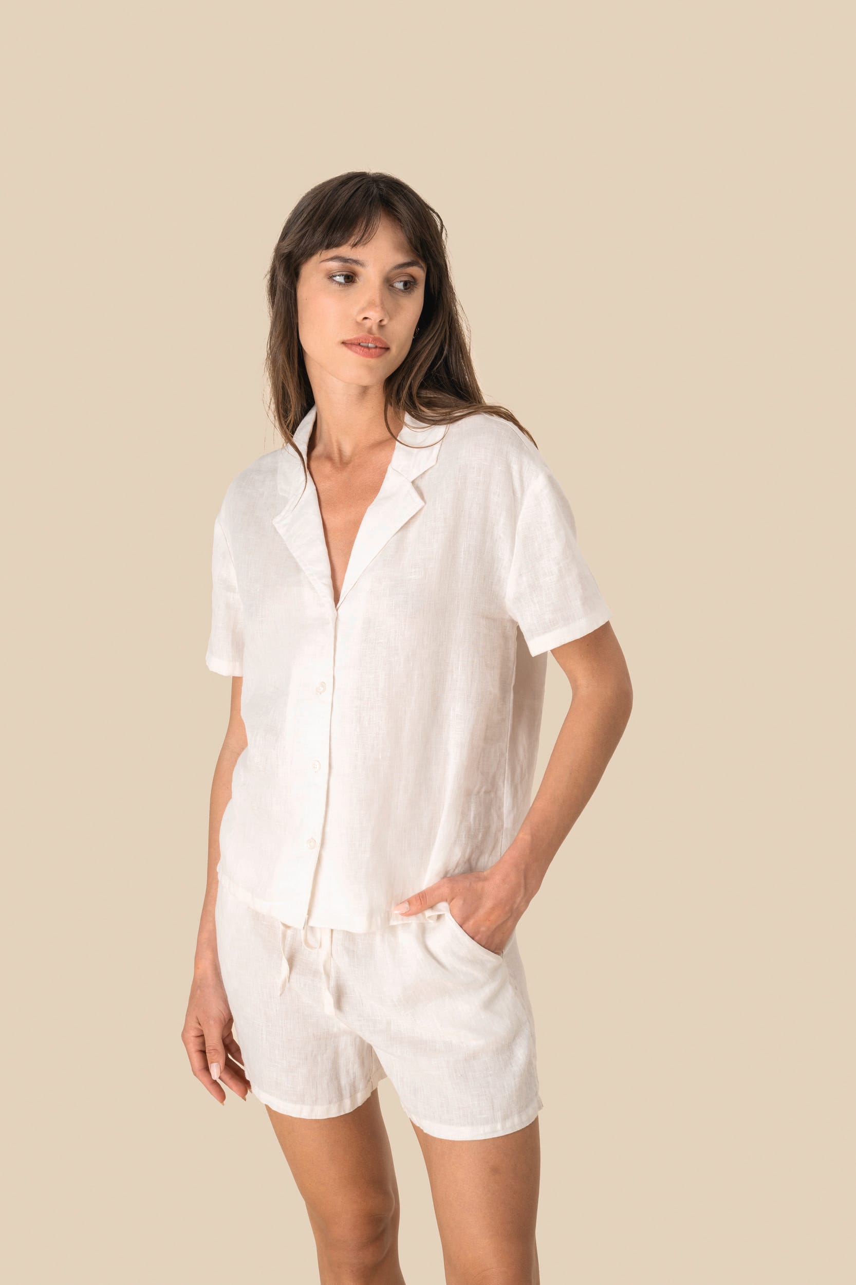 Spasso SP523 - Ladie's Linen Bowling Collar Short-sleeved Shirt