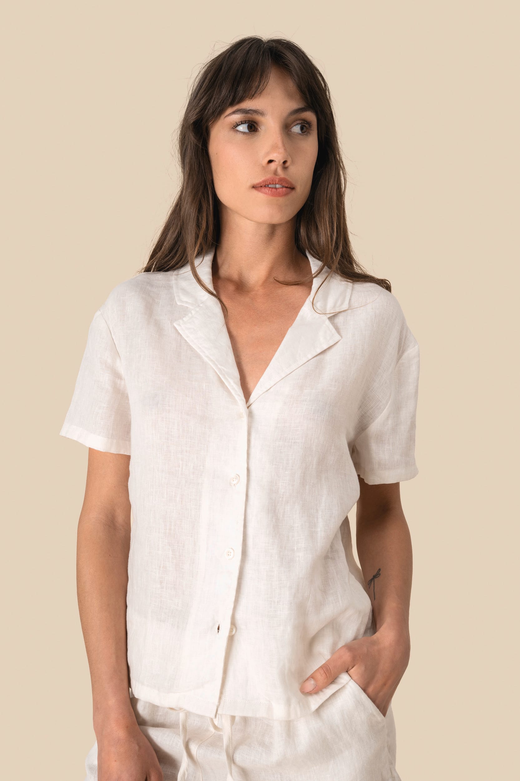 Spasso SP523 - Ladie's Linen Bowling Collar Short-sleeved Shirt