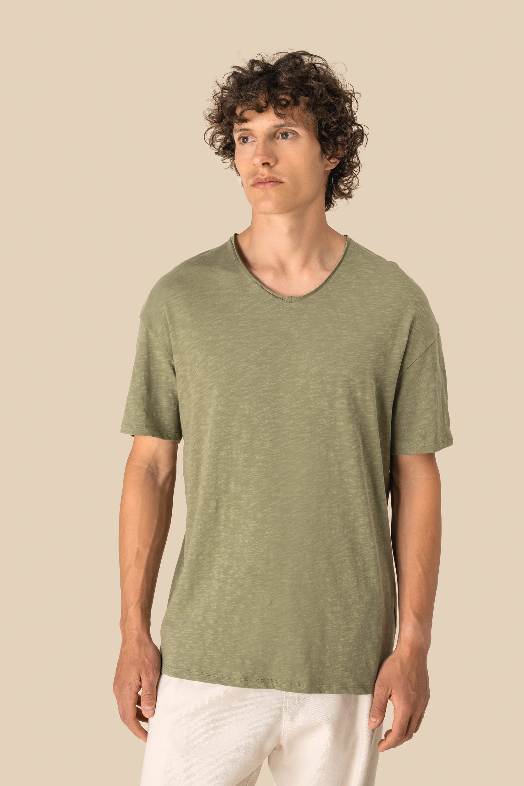 Spasso SP303 - Eco-friendly Men's Dropped Shoulders Raw Edge Collar Slub T-shirt