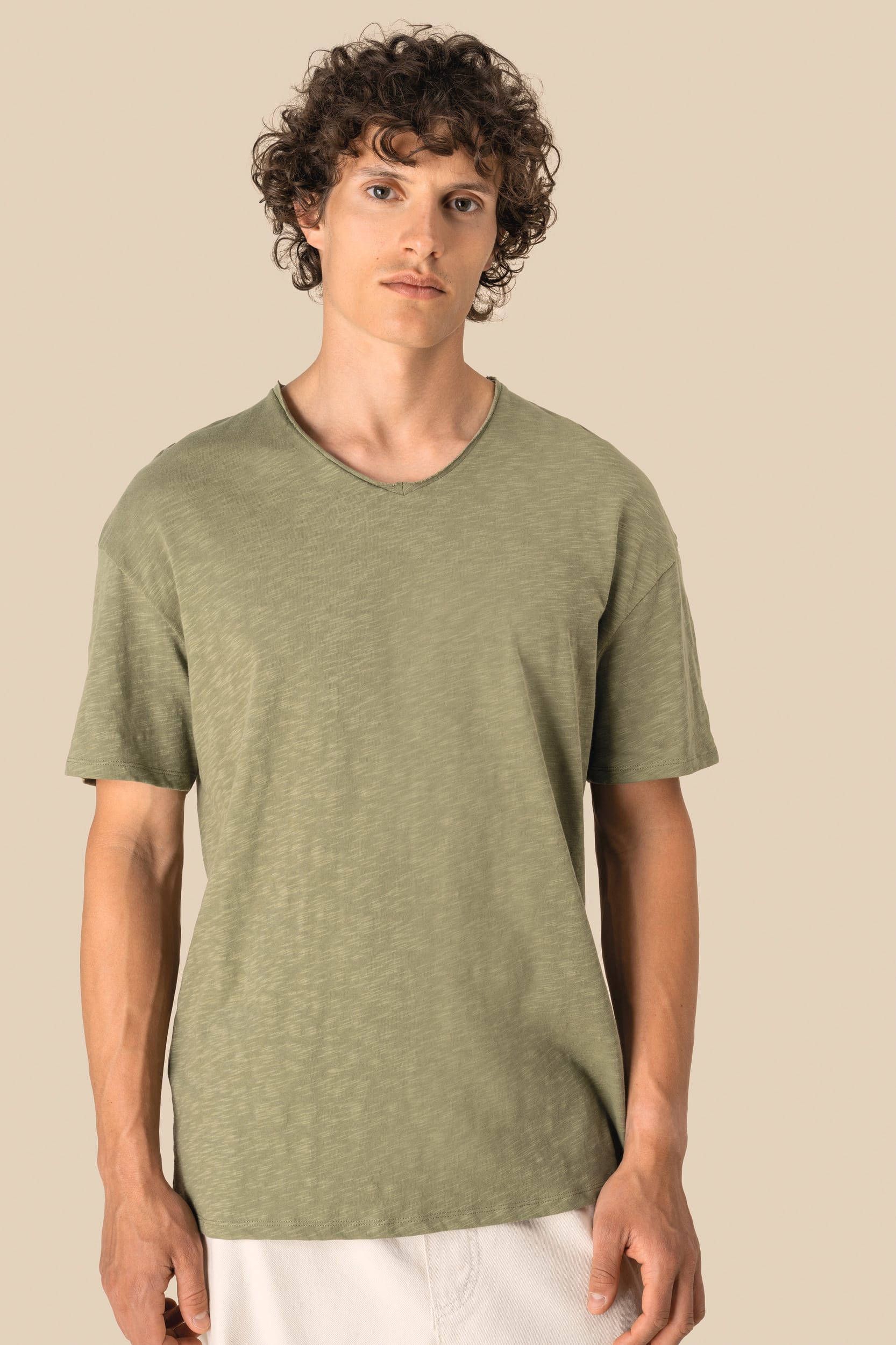 Spasso SP303 - Eco-friendly Men's Dropped Shoulders Raw Edge Collar Slub T-shirt