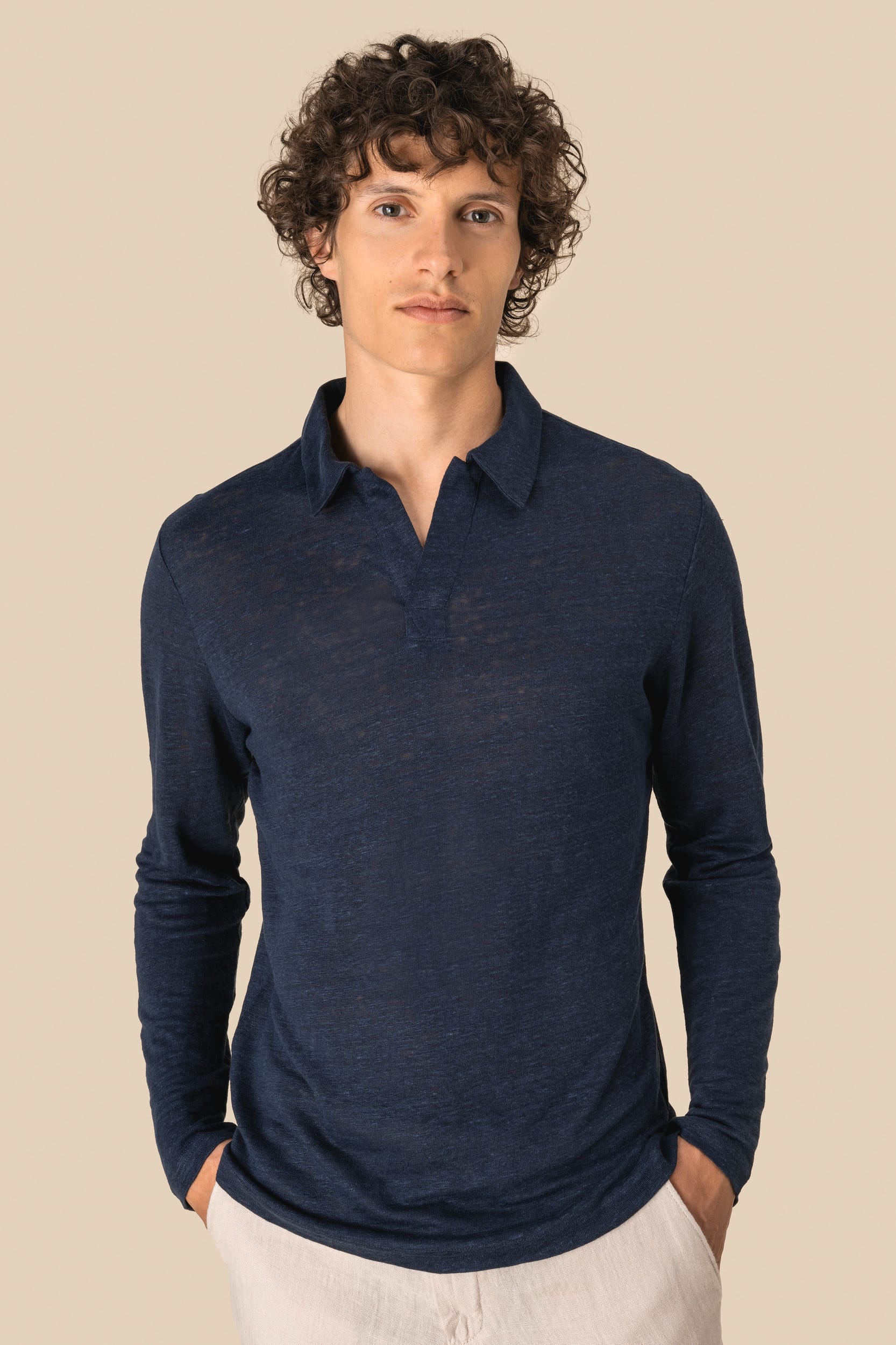 Spasso SP202 - Men’s Long Sleeve Linen Polo Shirt