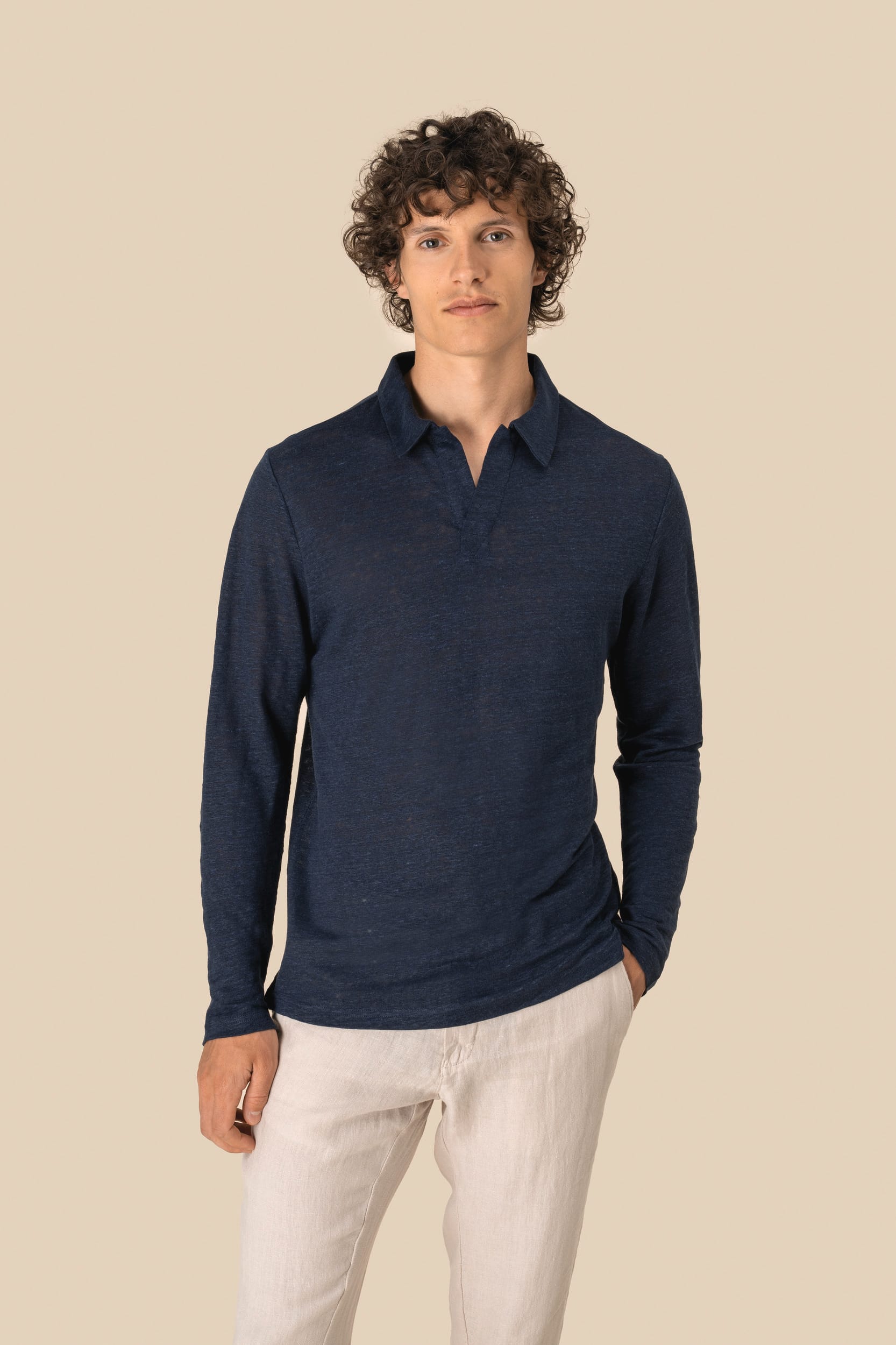 Spasso SP202 - Men’s Long Sleeve Linen Polo Shirt