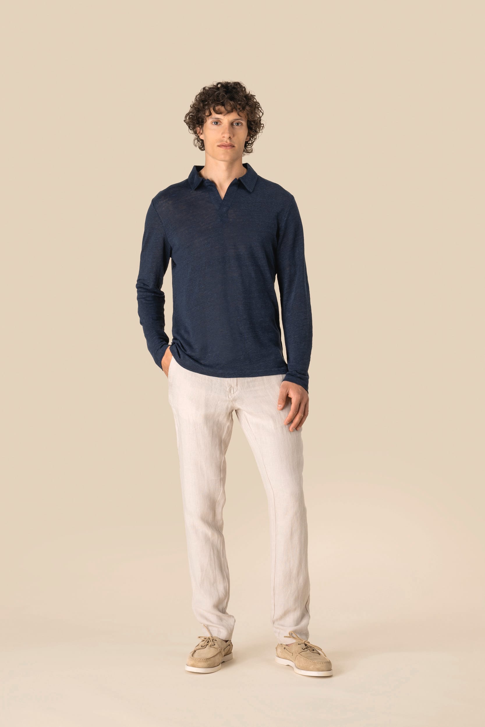 Spasso SP202 - Men’s Long Sleeve Linen Polo Shirt