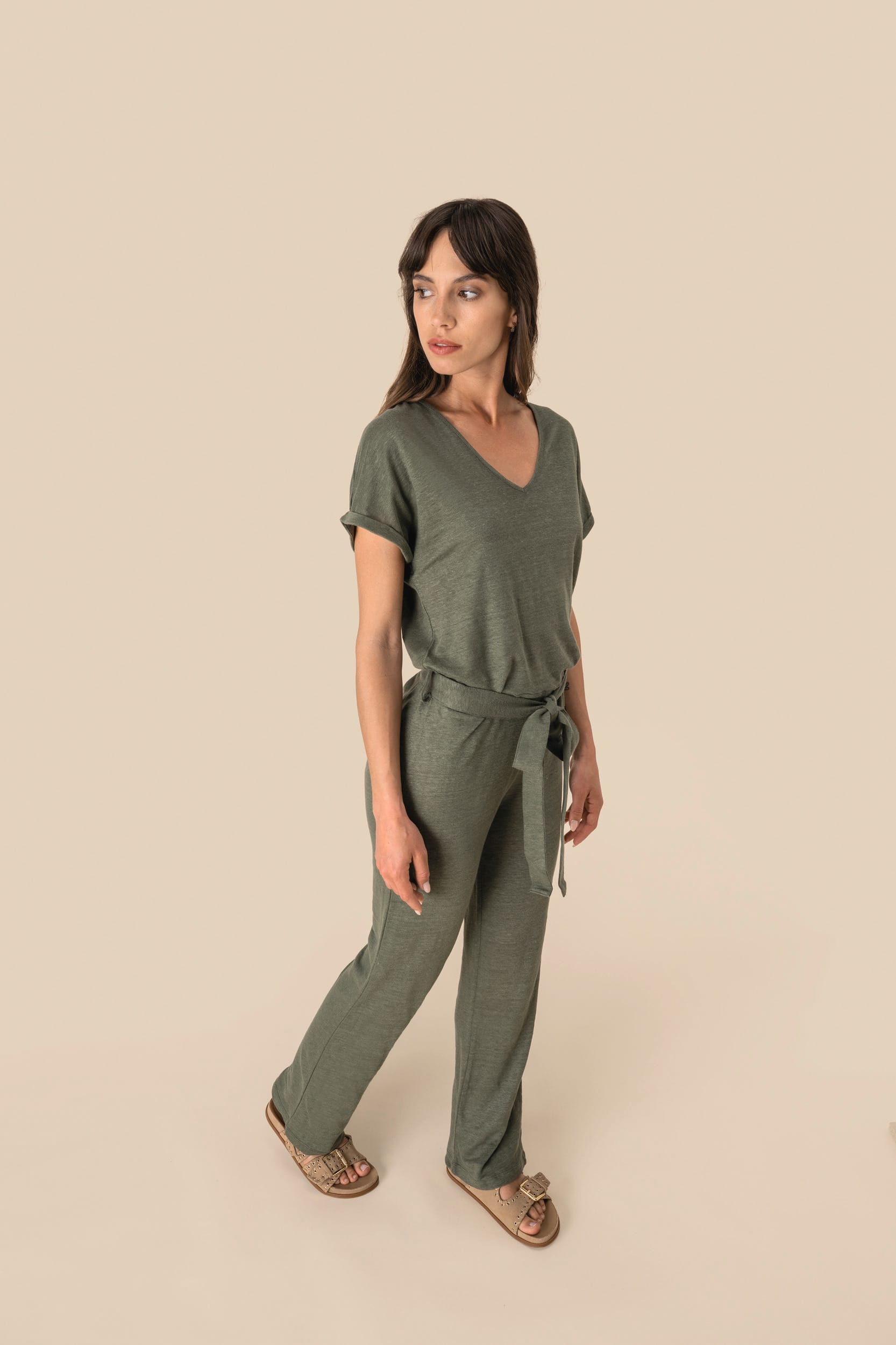 Spasso SP5004 - Ladie's Linen Knit Short-sleeved Jumpsuit