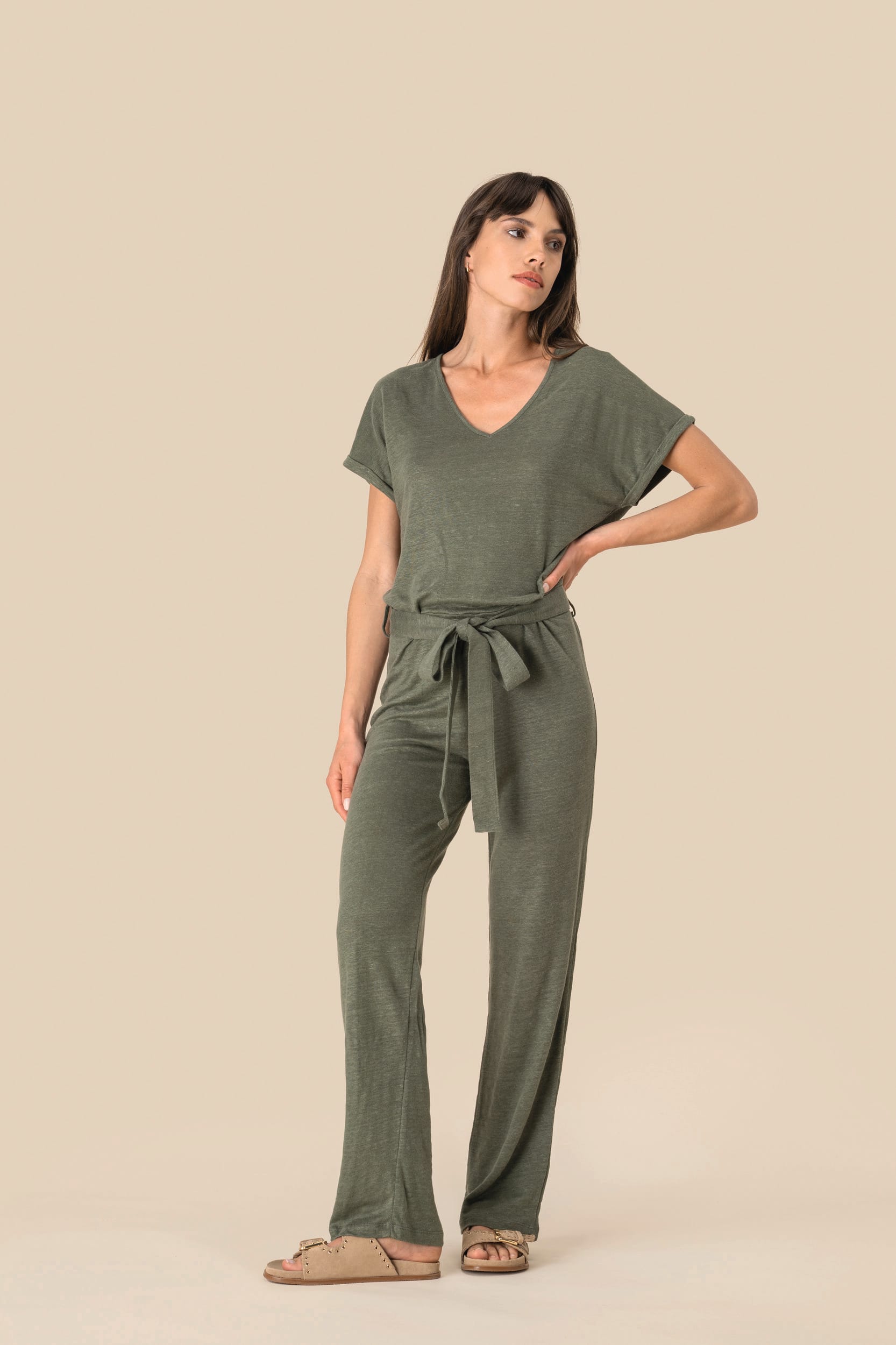 Spasso SP5004 - Ladie's Linen Knit Short-sleeved Jumpsuit