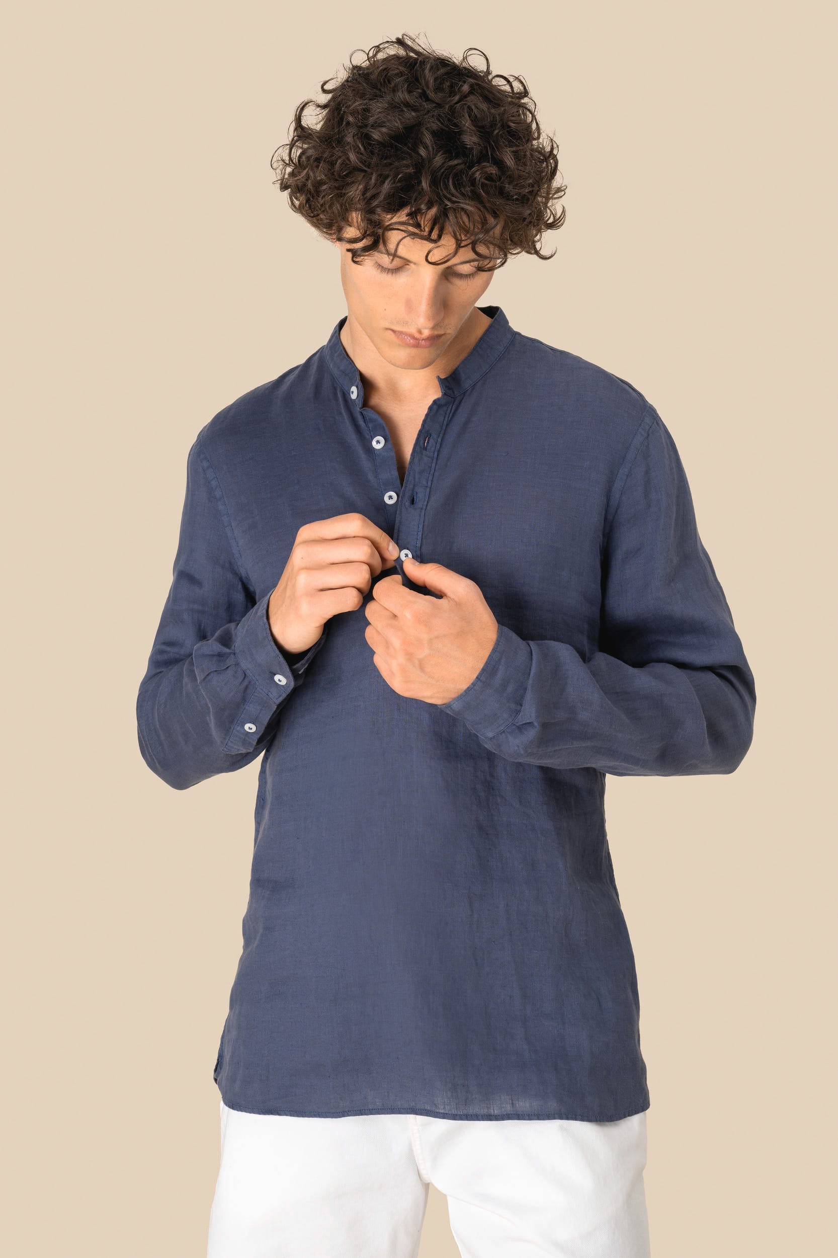 Spasso SP507 - Men's Linen Washed Effect  Mao Collar Shirt