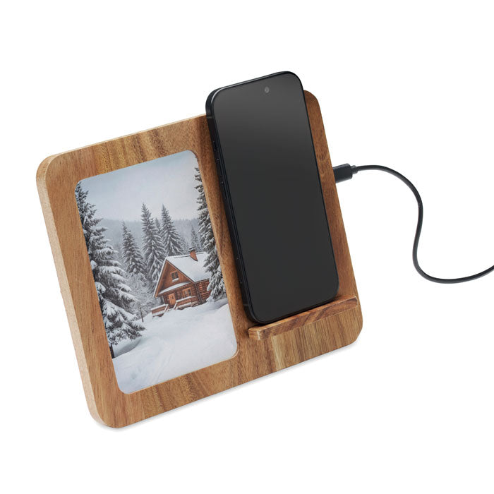 Portafoto e caricabatterie wireless da 15W in legno di acacia | FINWOOD MO3138