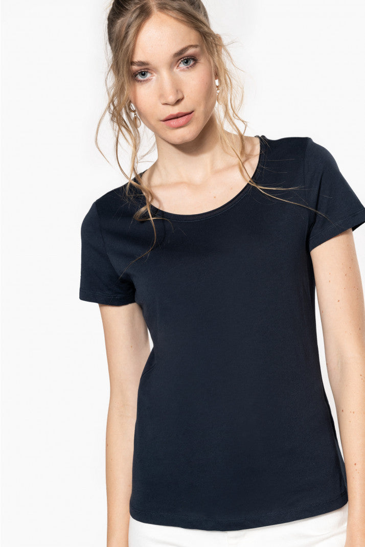 Dames T-shirt met korte mouwen van biologisch katoen met onafgewerkte halslijn - 110 g/m² - K399